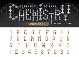 vetor de letras e números do alfabeto de célula de molécula abstrata, letras definidas para química de célula de molécula de átomo, ciência, conectar, conexão, biologia, física