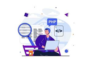 conceito plano moderno de trabalho freelance para design de banner web. programas e códigos de desenvolvedor masculino usando laptop e sentado no banco do parque, trabalhando remotamente. ilustração vetorial com cena de pessoas isoladas vetor