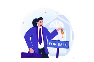 mulheres trabalhando conceito plano moderno para web banner design. mulher trabalha como corretora de imóveis na agência imobiliária. agente detém a chave e está perto de casa para venda. ilustração vetorial com cena de pessoas isoladas vetor