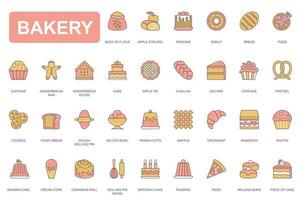 conjunto de ícones de linha simples de conceito de padaria. embale pictogramas de contorno de strudel, donut, panqueca, pizza, cupcake, bolo, biscoitos, pão torrado, waffle e outros. elementos vetoriais para aplicativo móvel e web design vetor