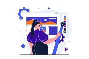 estúdio de designer moderno conceito plano para design de banner web. ilustrador de mulher segurando caneta, desenhando elementos gráficos e imagens postando no layout do site. ilustração vetorial com cena de pessoas isoladas vetor