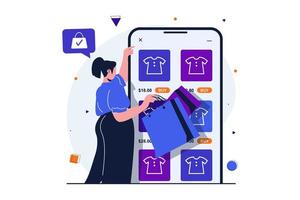 conceito plano moderno de compras on-line para design de banner web. comprador de mulher procurando variedade de loja de roupas, seleciona mercadorias e faz compras de barganha. ilustração vetorial com cena de pessoas isoladas vetor