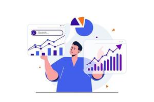 conceito plano moderno de análise de seo para design de banner web. a man analytics analisa os dados do site e estuda os gráficos nas telas e desenvolve a estratégia de promoção. ilustração vetorial com cena de pessoas isoladas vetor