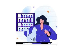 mulheres trabalhando conceito plano moderno para web banner design. mulher trabalha como veterinária, examina e diagnostica gato, faz vacinação de animais de estimação em clínica veterinária. ilustração vetorial com cena de pessoas isoladas vetor