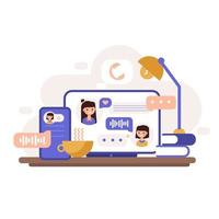 desktop e telefone com aplicativos de comunicação online abertos. pessoas usando várias oportunidades de comunicação online vetor