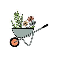 carrinho de mão de jardim com flores. mão desenhada em estilo doodle. desenho animado, vetor, minimalismo, escandinavo. ferramentas, plantas, inventário. adesivo, ícone. vetor