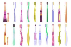coleção de conceito de escovas de dentes em design de desenho animado plano. diferentes tipos e cores de escovas de dentes definem elementos isolados. ferramentas de limpeza para a boca. higiene bucal e higiene bucal. ilustração vetorial vetor