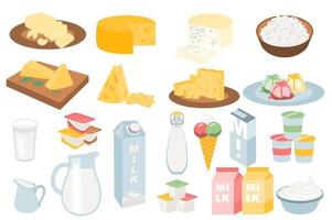 produtos lácteos definidos em design de desenho animado plano. diversos tipos de queijos, requeijão em tigela, leite em jarra ou copo, iogurtes em potes, sorvetes, sobremesas, embalagens diversas. ilustração vetorial vetor