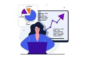 conceito plano moderno de desempenho de vendas para design de banner web. mulher comerciante analisa estatísticas de negócios, aumenta os lucros e planeja metas financeiras. ilustração vetorial com cena de pessoas isoladas vetor