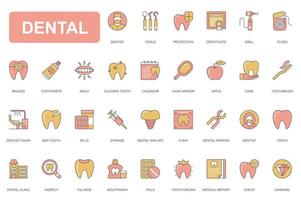 conjunto de ícones de linha simples conceito dental. embalar pictogramas de contorno de escova de dentes, sorriso, calendário, espelho, implante, dente, dentista inspecionar, cuidar e outros. elementos vetoriais para aplicativo móvel e web design
