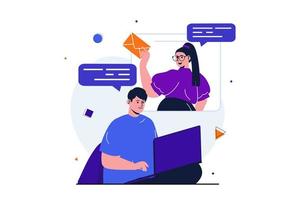 conceito plano moderno de serviço de e-mail para design de banner web. homem e mulher se comunicam online enviando mensagens um para o outro ou conversando no programa. ilustração vetorial com cena de pessoas isoladas vetor