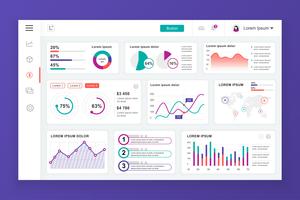 Modelo de design do painel painel admin vector com elementos de infográfico, gráfico, diagrama, gráficos de informação. Painel de controle do site para a página da web de design ui e ux. Ilustração vetorial