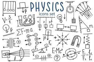 conjunto de ícones de símbolos físicos. design de doodle de assunto de ciência. conceito de educação e estudo. de volta ao fundo esboçado da escola para notebook, não bloco, caderno. vetor