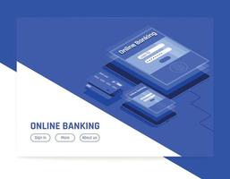 página isométrica de banco on-line vetor