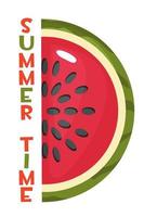 fatia madura de melancia e o horário de verão de inscrição. logotipo e texto com melancia suculenta vermelha. vetor