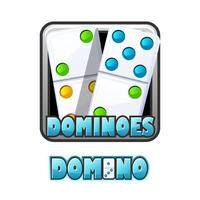 ilustração em vetor de um logotipo de dominó brilhante em um quadro. inscrição de dominó e fichas coloridas.