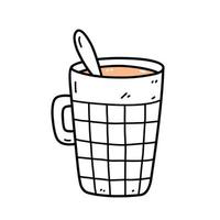 linda xícara de café com colher isolada no fundo branco. ilustração vetorial desenhada à mão em estilo doodle. perfeito para cartões, menu, logotipo, decorações. vetor