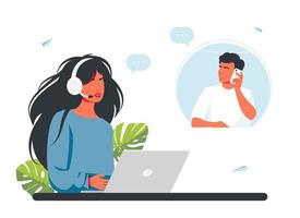 homem liga para o call center. Atendimento ao Cliente. homem com fones de ouvido, microfone com laptop. ilustração do conceito para suporte, call center. operadores de linha direta consultam clientes com fones de ouvido em computadores vetor