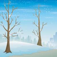 paisagem de inverno de férias com queda de neve e árvores nuas vetor