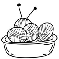 fios com agulhas de tricô na tigela. ilustração vetorial em estilo doodle desenhado à mão linear vetor