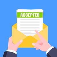 carta de aceitação de faculdade ou universidade com envelope e folhas de papel e-mail de documento. vetor