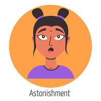 personagem feminina com um rosto surpreso. expressão facial. sentimento de mulher jovem. retrato de mulher bonita. avatar de mulher, emoji vetor