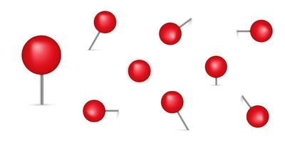 push pin conjunto realista vermelho. tachinha 3D com agulha de metal sobre fundo branco em um ângulo. alfinete redondo para nota de papel. alfinete de globo vermelho para mapa. coleção de alfinetes. ilustração vetorial isolado. vetor