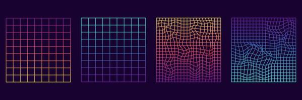 conjunto de padrão de néon quadrado de grade distorcida. deformar falha quadrada geométrica futurista. design moderno abstrato. quadrado de perspectiva de ondulação de onda. ilustração vetorial isolado. vetor