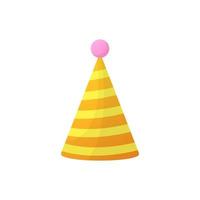 ilustração de chapéu de festa de aniversário amarelo. decoração de férias em fundo branco. tampa de cone de desenho animado colorido para comemoração de aniversário, natal, aniversário. vetor isolado.