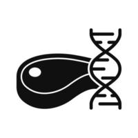 ícone de silhueta de carne cultivada genética. molécula de dna e pictograma preto de comida artificial de carne. ícone de carne modificada por gene. tecnologia de laboratório do futuro. ilustração vetorial isolado. vetor