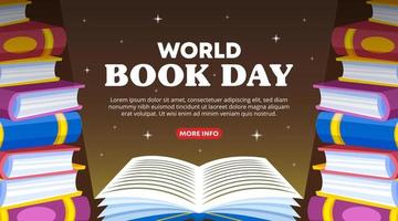 banner do dia mundial do livro com um livro aberto brilhante e pilha de livros vetor