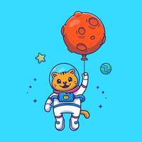 astronauta de gato bonito segurando balão de lua na ilustração de ícone de vetor de desenho animado espaço. animal tecnologia ícone conceito isolado vetor premium. estilo de desenho animado plano