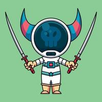 astronauta monstro usando duas katana, ilustração de ícone de desenho animado fofo vetor