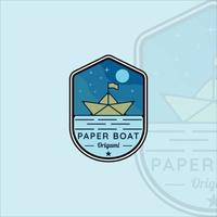 barco de papel emblema logotipo vintage com contorno linha arte vetor ilustração modelo ícone design gráfico. conceito de barco de origami com estilo de crachá de etiqueta