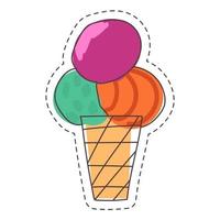sorvete colorido desenhado à mão com três bolas-laranja pistache verde roxo no copo de waffle com linha pontilhada de balcão preto. gráficos de t-shirt de cartão de cartaz de adesivo de mão livre. vetor
