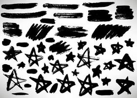 conjunto de elementos de grunge preto desenhados à mão, banners, pinceladas isoladas em branco. vetor