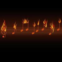 fogo queimando notas musicais em fundo preto vetor