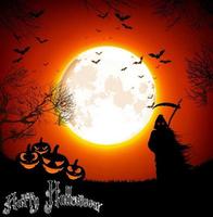 fundo de halloween com fantasma e abóboras na lua cheia. vetor