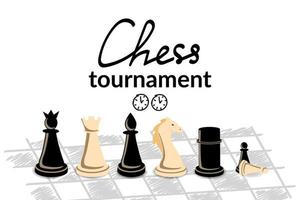 torneio de xadrez de conceito. tabuleiro de xadrez e as peças nele rainha, rei, torre, cavalo, bispo e peão. vetor de estilo simples.