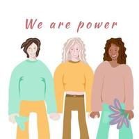 mulheres de diferentes raças e nacionalidades juntas. conceito de poder feminino. feliz dia da mulher bandeira. ilustração vetorial em estilo simples. vetor