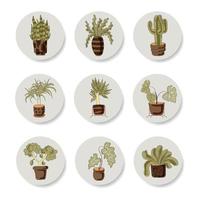 adesivos isolados no fundo branco. um conjunto de cactos de plantas de interior, monstera, dracaena e outros. vários vasos de plantas. vetor em estilo simples.