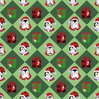 padrão de férias sem costura. pinguins alegres em chapéus vermelhos inteligentes e presentes. ornamento geométrico em cores de natal. adequado para embalagens e têxteis. vetor