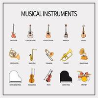 um conjunto de ícones com instrumentos musicais. guitarras, sopros, cordas, teclados, instrumentos de percussão e um microfone com gramofone. isolado em um fundo claro. ilustração vetorial. vetor