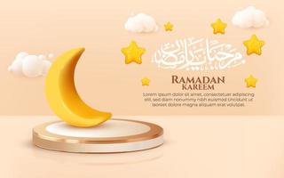 ramadan kareem com lua amarela fofa e estilo de desenho animado 3d estrela. caligrafia islâmica fora marhaban yaa ramadan vetor