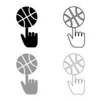 bola de basquete girando em cima do contorno do ícone do dedo indicador definir imagem de estilo plano de ilustração vetorial de cor cinza preto vetor