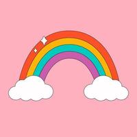 arco-íris bonito dos desenhos animados com nuvens. psicodélico, retrô, vintage vetor