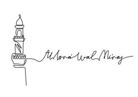 uma única linha contínua da torre da mesquita com a palavra isra wal miraj vetor