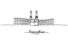 uma única linha contínua da palavra ramadan kareem com ka'bah em meca vetor
