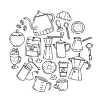 doodle bonito definido na forma de um círculo com café e acessórios de café. vetor linha mão desenhar ilustração para cafeteria.