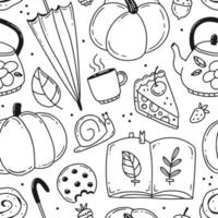 padrão sem emenda de doodle preto e branco com elementos de outono. ilustração vetorial. outono aconchegante. vetor